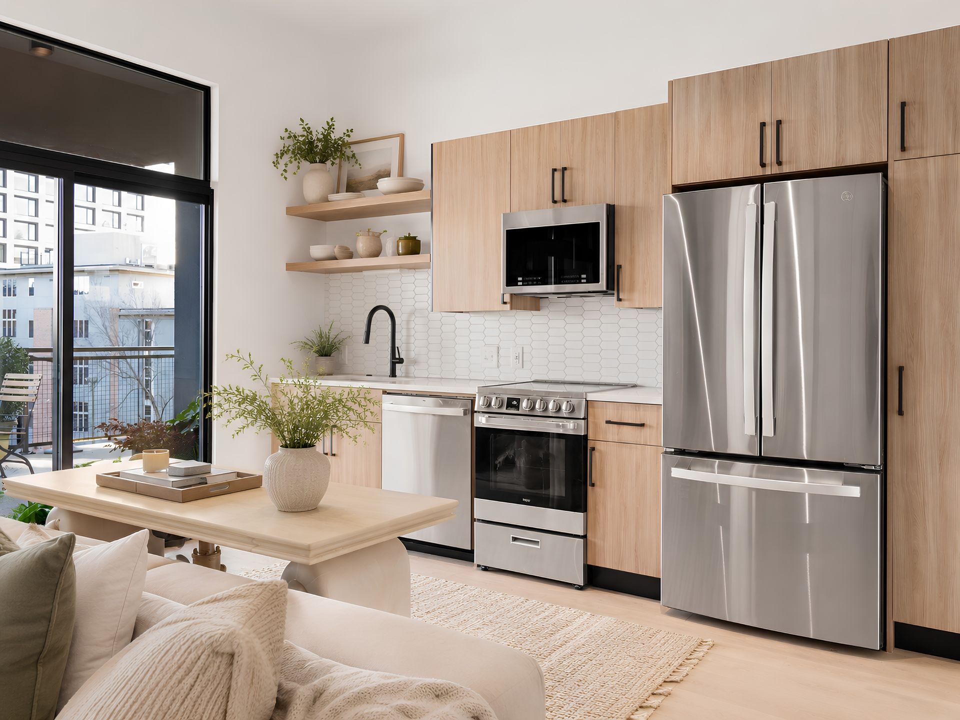 A kitchen with wooden cabinets and white counter tops
