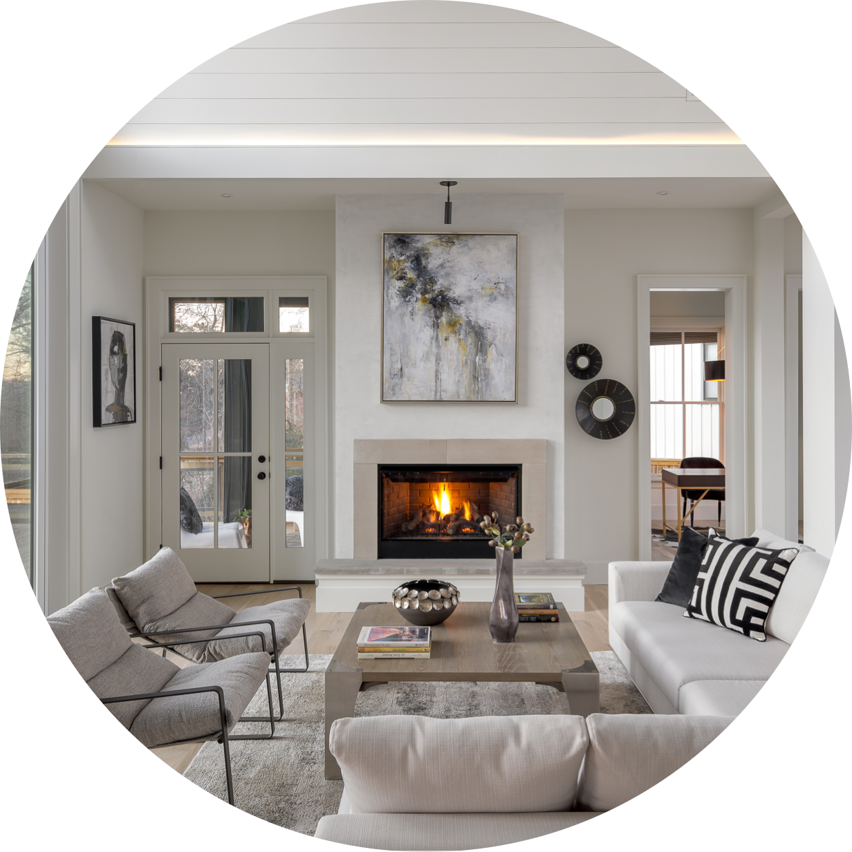 A living room with a fireplace and a couch