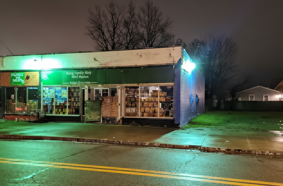 A dimly lit convenience store at night, with green and white signage, on a wet street.