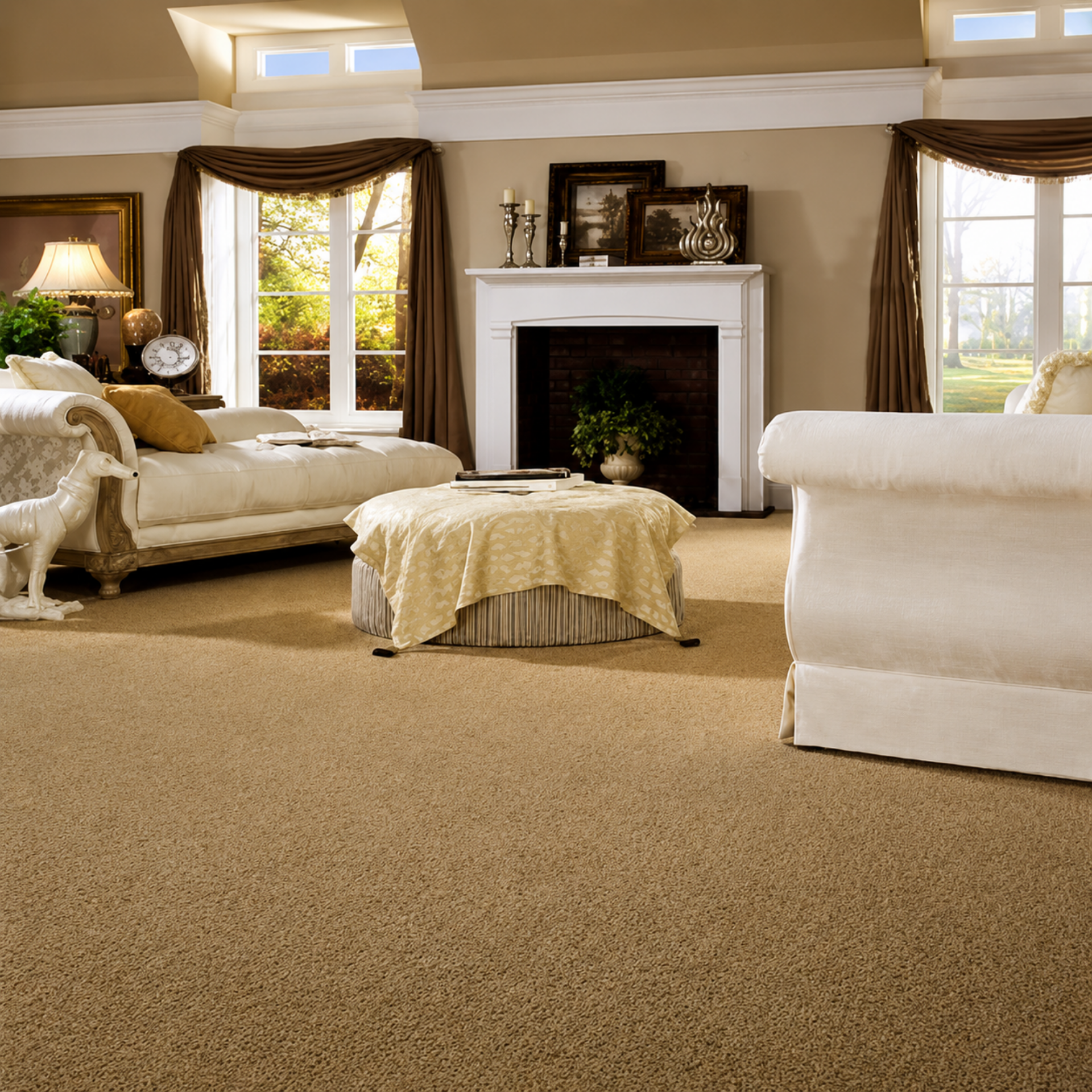 Elegant beige living room with fireplace, cream sofa, ottoman, and large windows