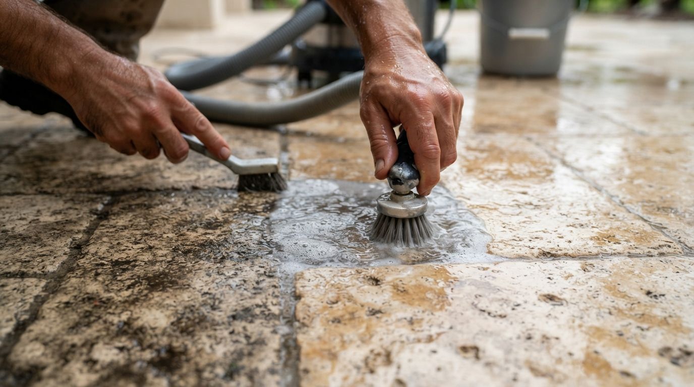 Hands scrubbing a wet stone surface with brushes outdoors.