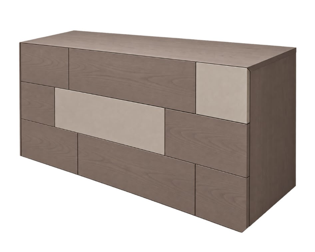 Cassettiera in legno a tre cassetti, marrone e beige, raffigurata in prospettiva su sfondo bianco