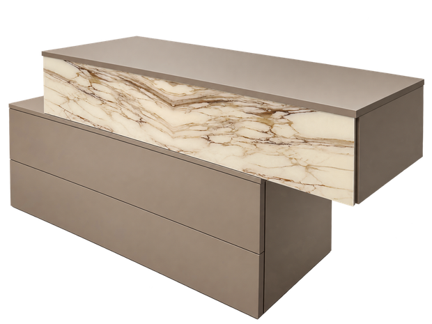 Due contenitori rettangolari impilati, beige e con venature effetto legno, su sfondo bianco