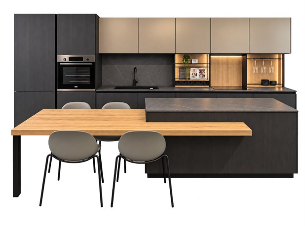 Cucina moderna con mobili scuri, dettagli in legno e un’isola con zona pranzo e due sedie