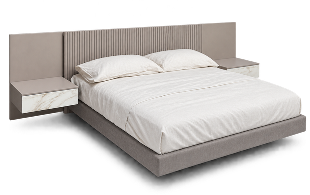 Letto moderno beige imbottito con due cuscini e testiera con mensola laterale integrata