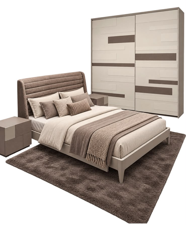 Moderna camera da letto beige con letto, armadio, comodino e tappeto su sfondo bianco