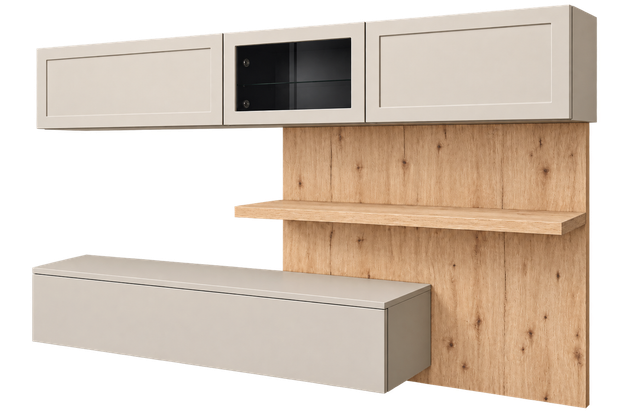 Set di pensili da cucina moderni con ante beige, pannello centrale nero e sfondo in legno