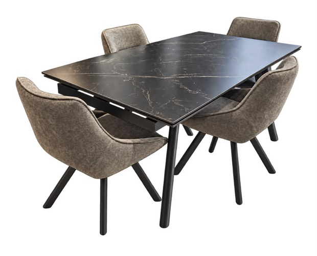 Tavolo da pranzo nero moderno con quattro sedie grigie imbottite
