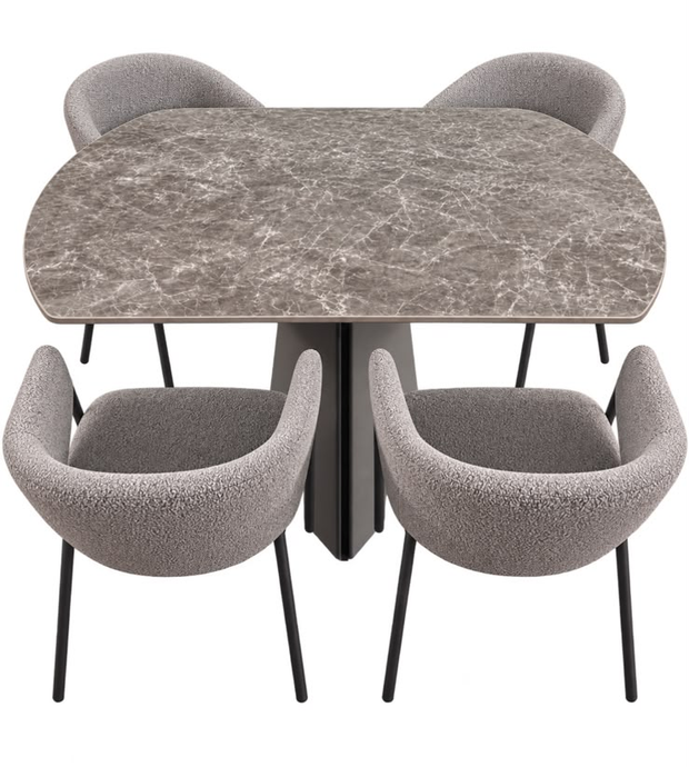 Set da pranzo moderno con tavolo effetto marmo grigio e quattro sedie imbottite grigie