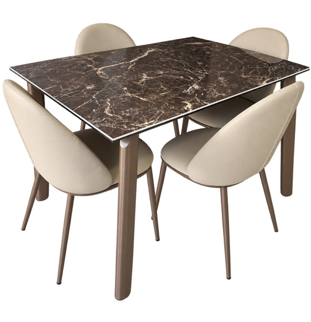Tavolo rotondo da pranzo con piano in marmo scuro e quattro sedie rivestite in tessuto beige