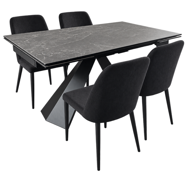 Tavolo da pranzo moderno con sedie nere e piano grigio texturizzato
