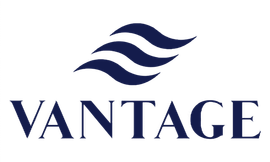 A blue and white logo for vantage airlines