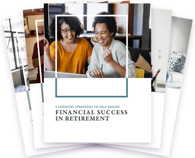 Two smiling people on a laptop screen above the text “Financial Success in Retirement”