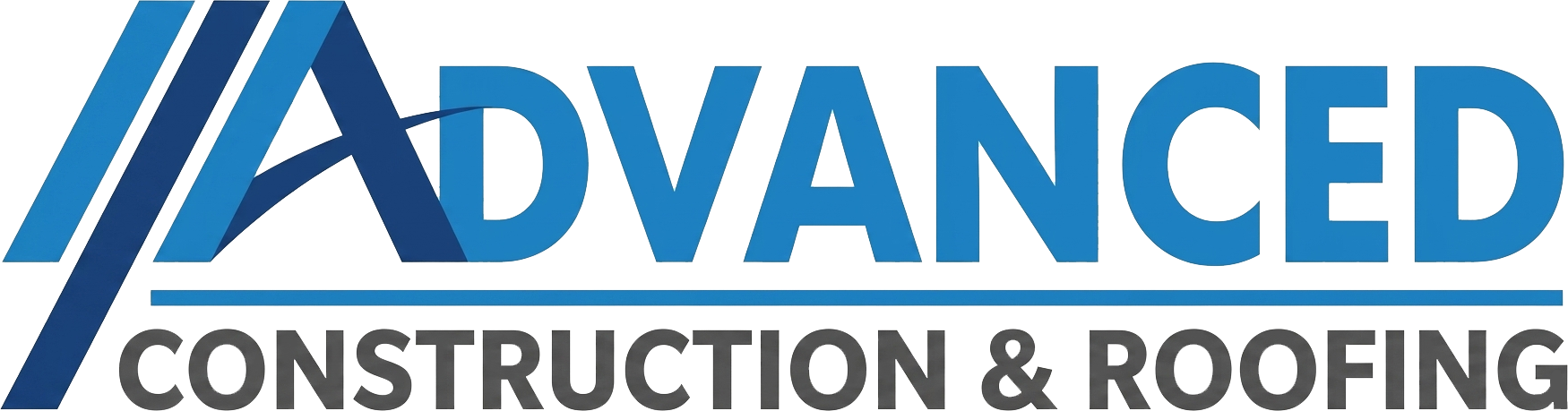Advanced Construction & Roofing logo in blue and gray text with stylized roof lines