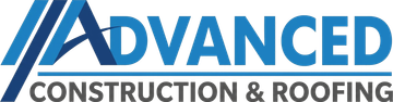 Advanced Construction & Roofing logo in blue and gray text with stylized roof lines