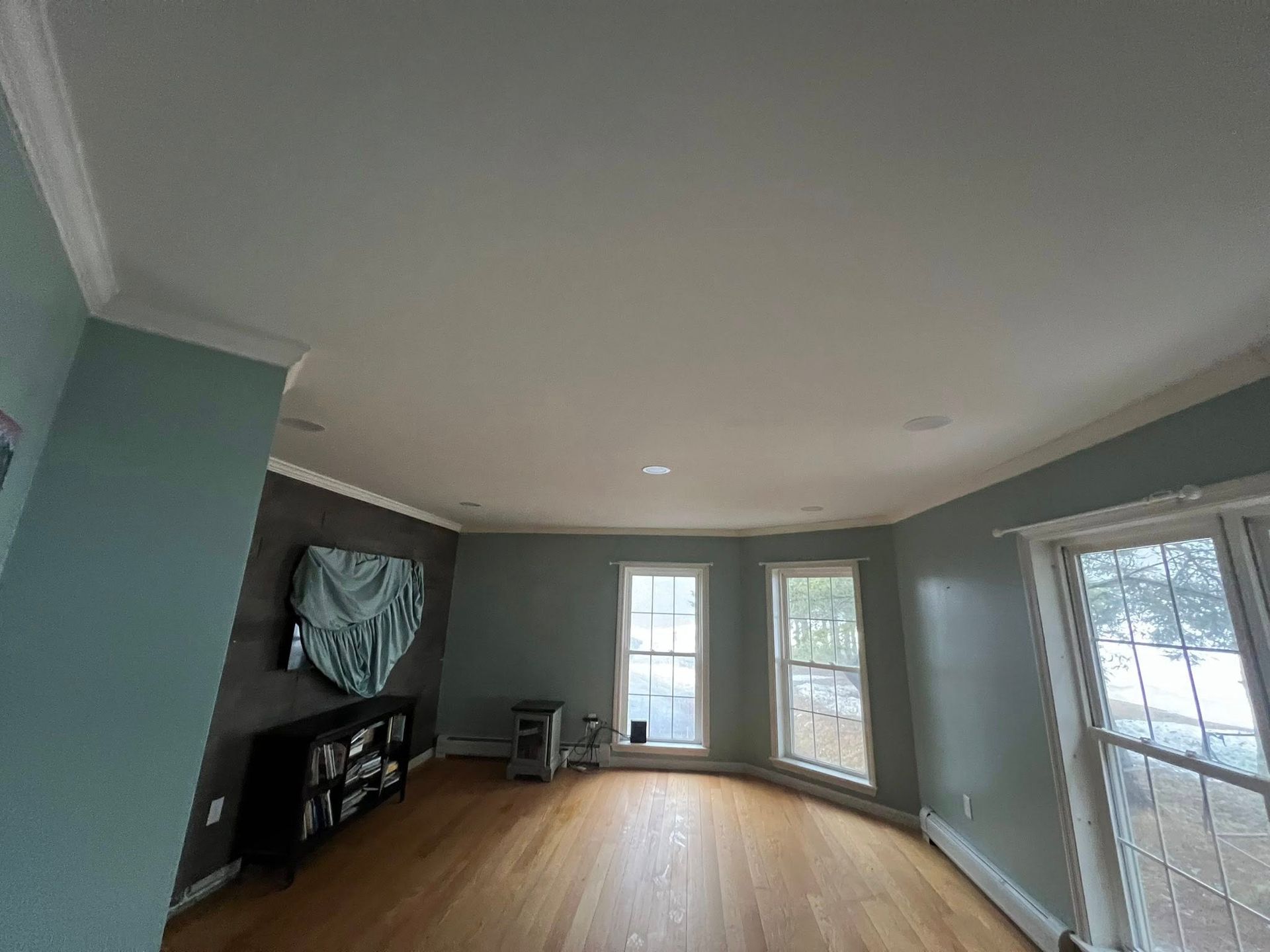 Empty living room with gray walls, wood floor, and large windows letting in daylight