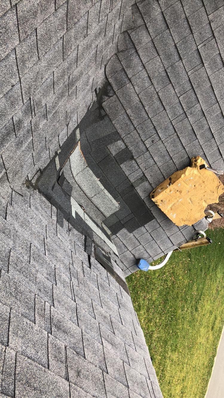 Roof shingles with a small vent and yellow debris near the edge, with grass visible below