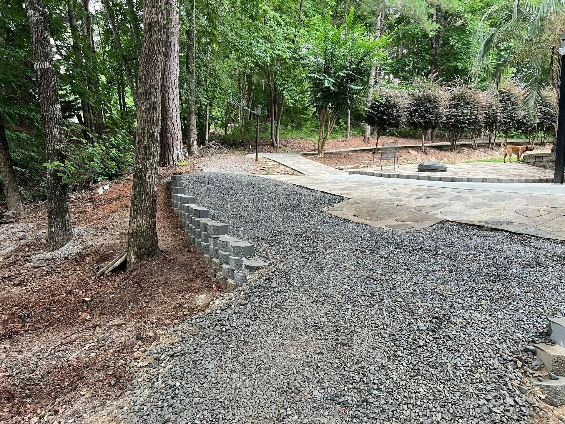 Gravel path curving through a wooded area beside a concrete patio and trees