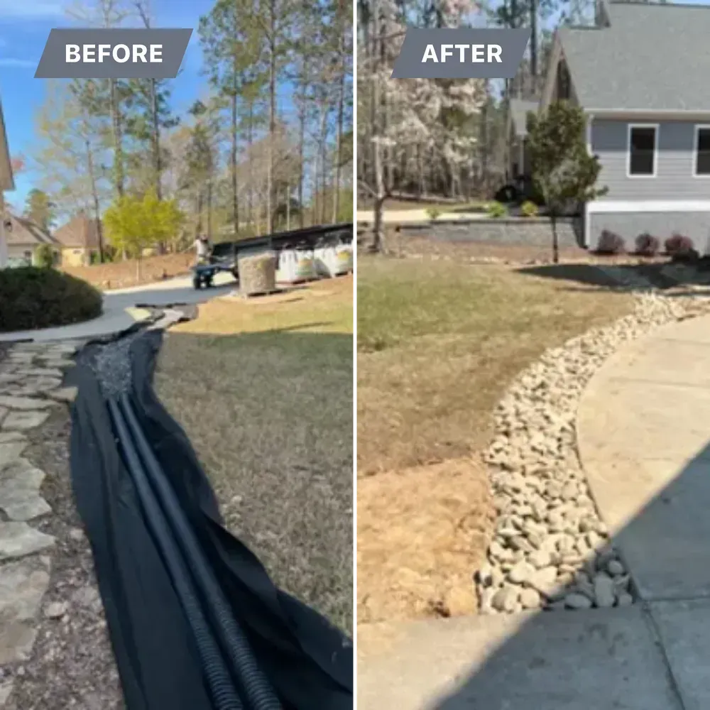 Before-and-after of a landscaped driveway edge, showing black fabric and then a finished rock border beside a house.