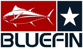 A logo for Bluefin featuring a white tuna silhouette on a red background next to a white star on a dark blue square.