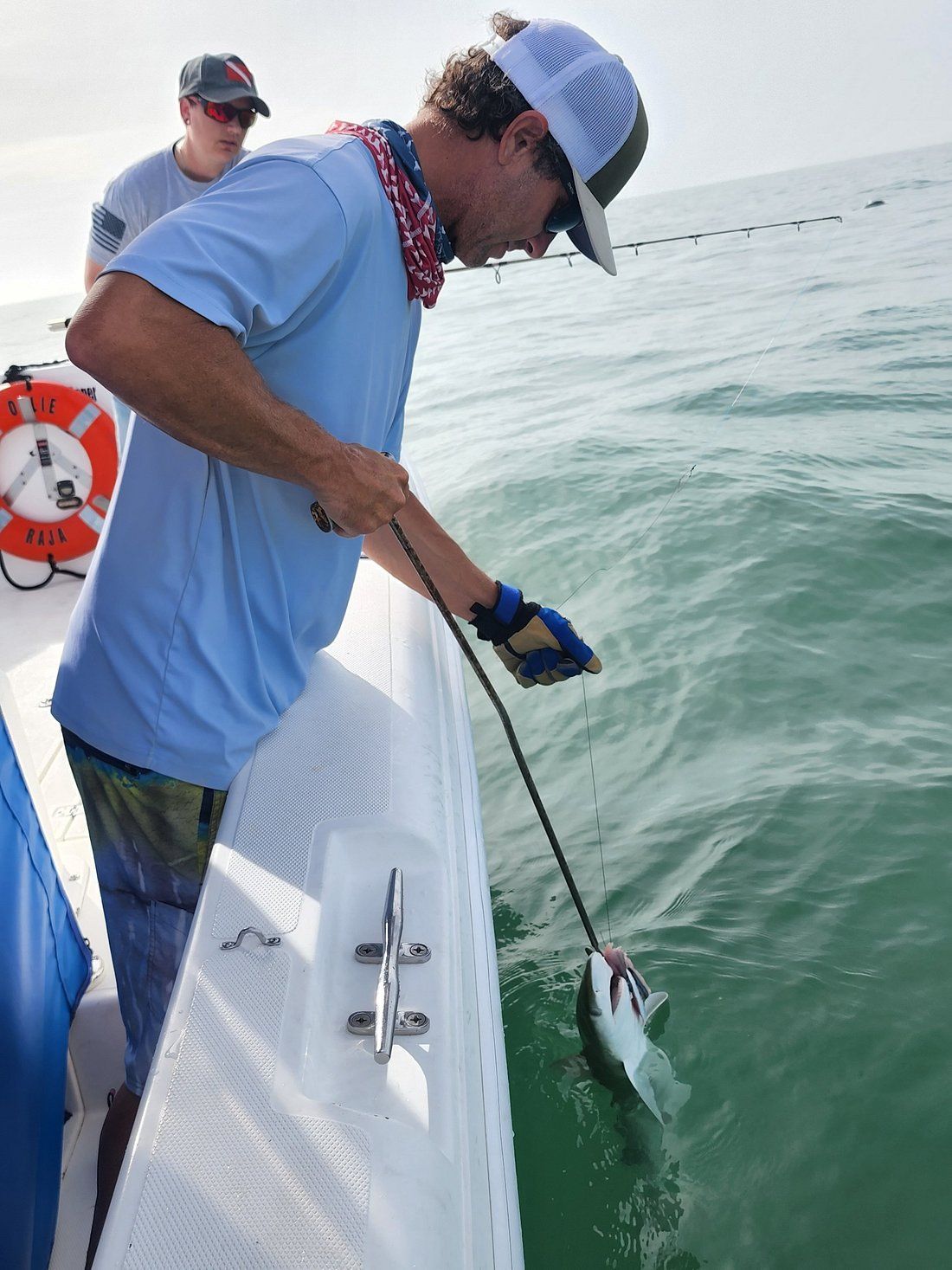 Two anglers on a boat pull a hooked fish from the water into the sea.