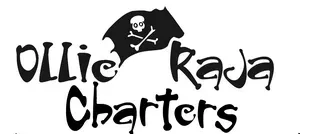Logo for Ollie Raja Charters featuring a black pirate flag with a skull and crossbones icon above the stylized black text.