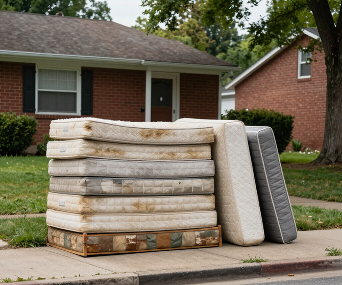 Mattresses stacked on a curb in front of a brick house, ready for pickup