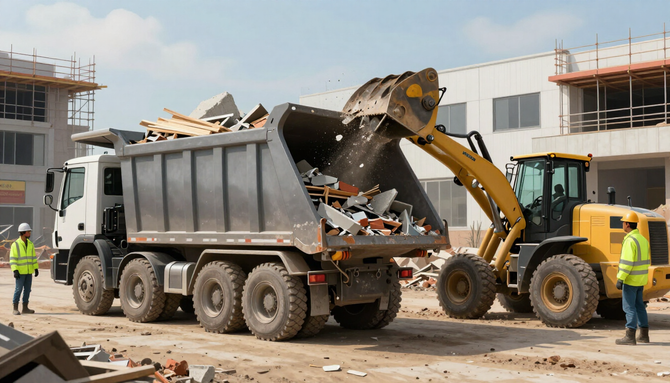 Construction site with dump truck and excavator loading debris, workers nearby