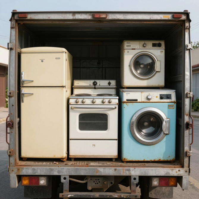 Open truck packed with vintage appliances: cream fridge, stove, and two washers, including a blue washer.