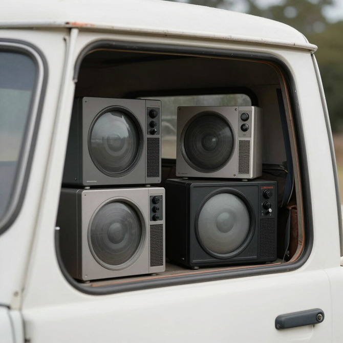 Vintage van loaded with four stacked speakers in the rear window