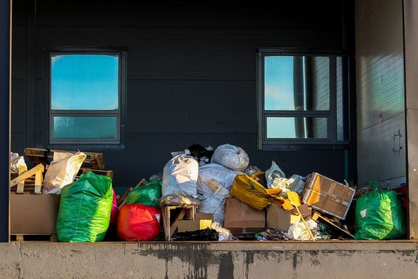 Trash bags and cardboard piled on a loading dock outside a dark building with two windows