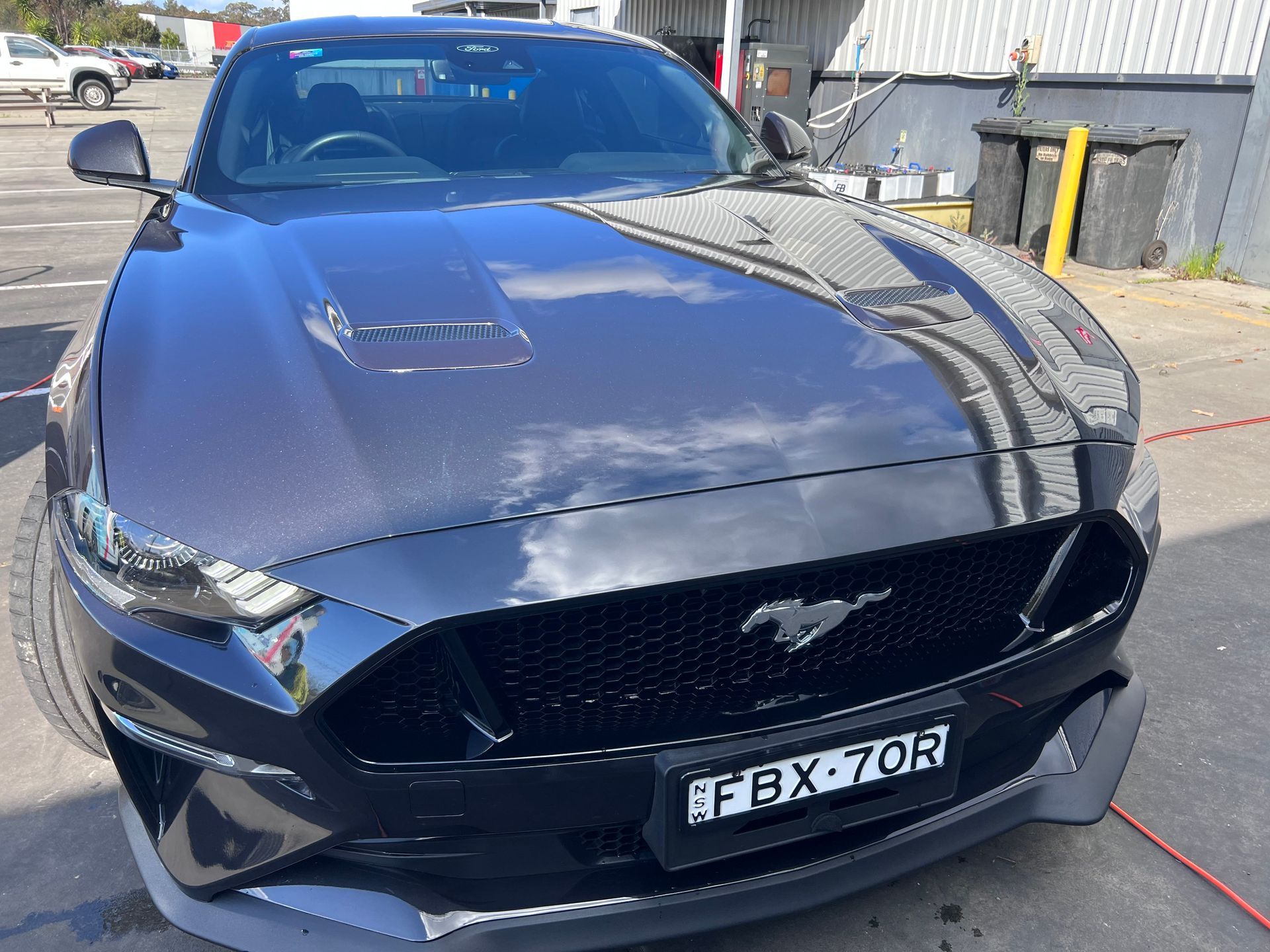 Black Ford Mustang Parked Outdoors In Sunlight, Front View With Grille And License Plate Visible — Car Detailing Mobile Cleaning Co In Thrumster, NSW