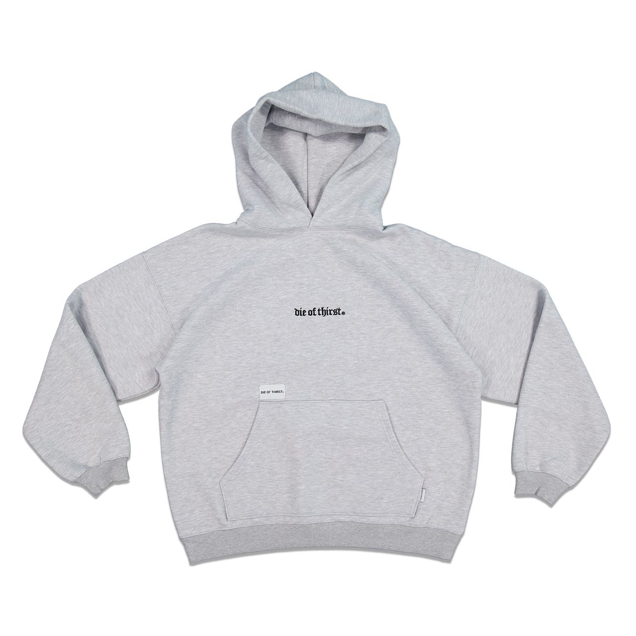 Gray hoodie with small logo on chest and pocket.