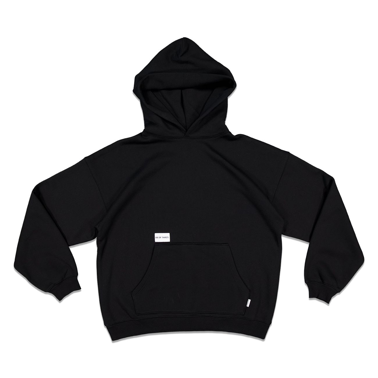 Black oversized hoodie with a hood and front pocket.