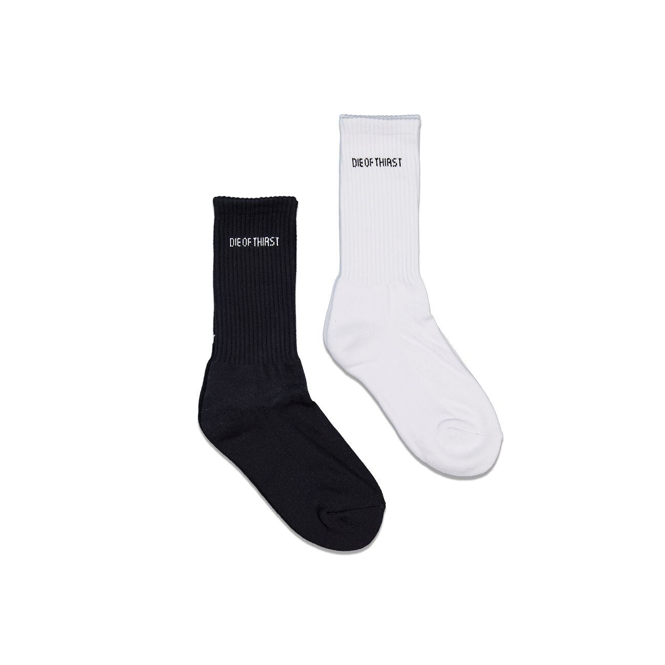 Pair of socks: one black, one white, each with small text on the cuff.