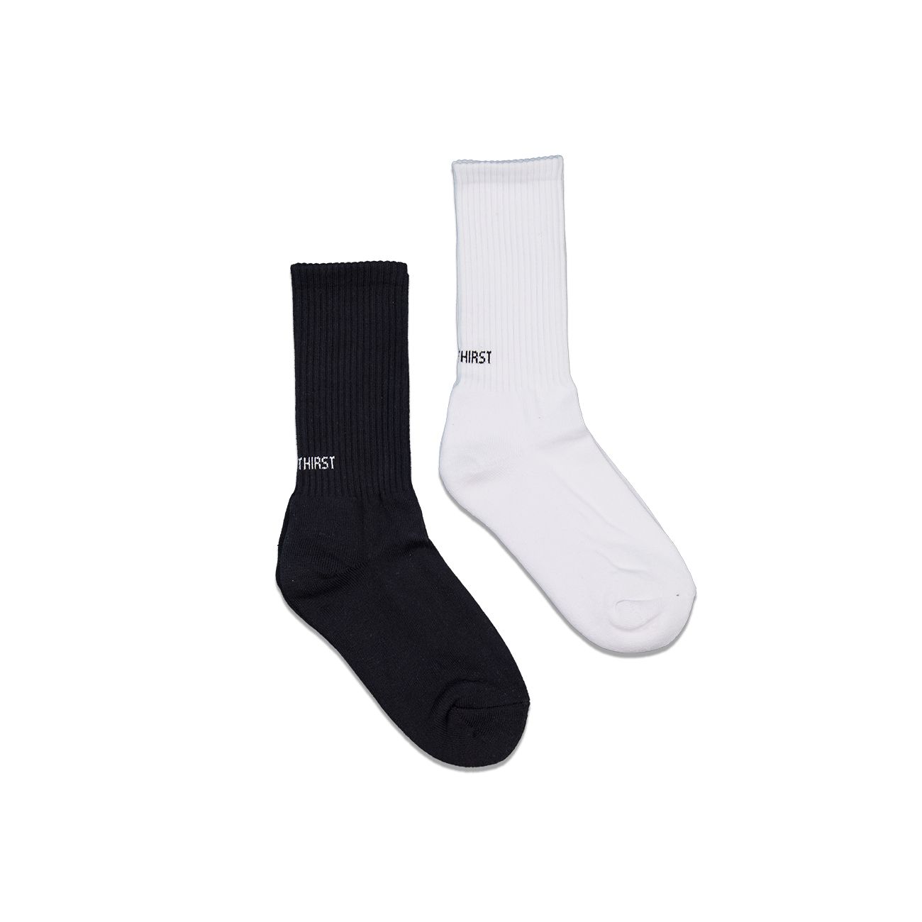 Black and white athletic socks, side-by-side, likely for sports or casual wear.