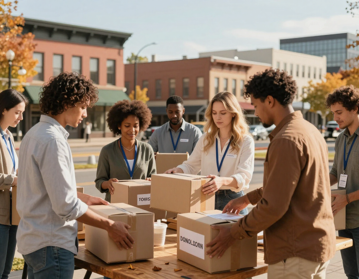 Missoula professionals volunteering together packing donation boxes