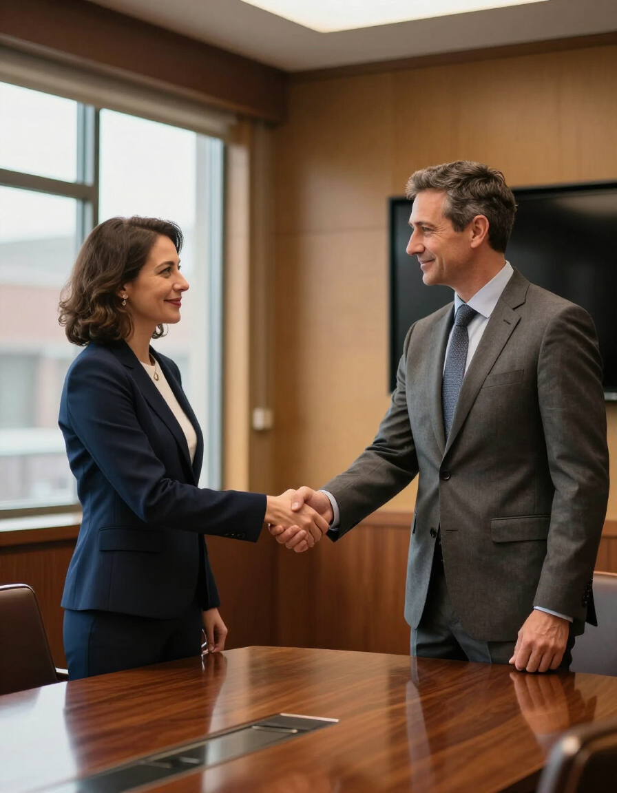 Two Missoula professionals shaking hands in a warm-lit conference room