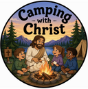 Camping with Christ logo: Jesus and children around a campfire in a mountain forest at sunset