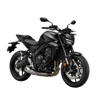Motocicletta sportiva nera su sfondo bianco, vista angolata anteriore destra.