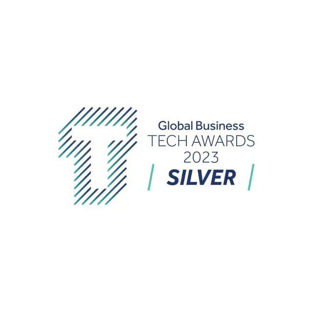 The logo for the global business tech awards is silver.