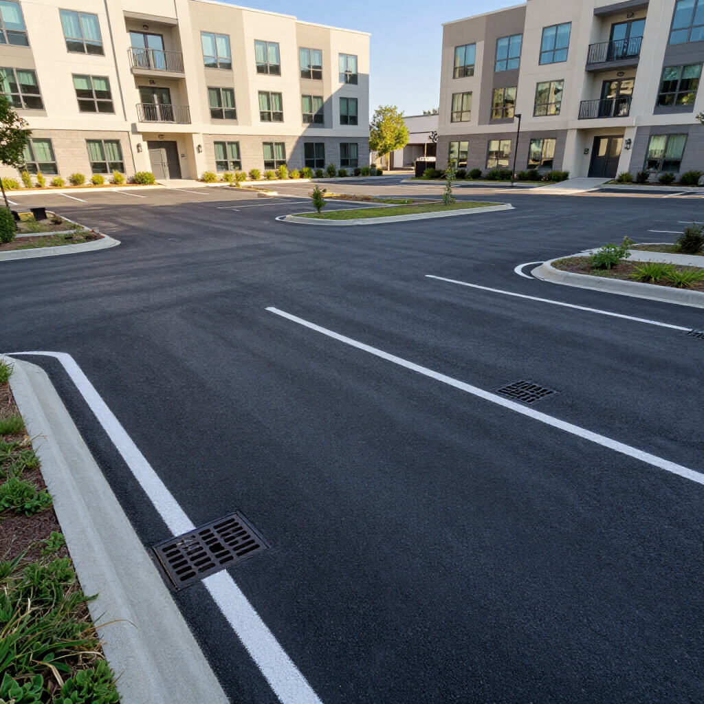 Empty parking lot with freshly paved asphalt, white lane markings, and drainage grates between two modern apartment buildings. Empty parking lot with freshly paved asphalt, white lane markings, and drainage grates between two modern apartment buildings.