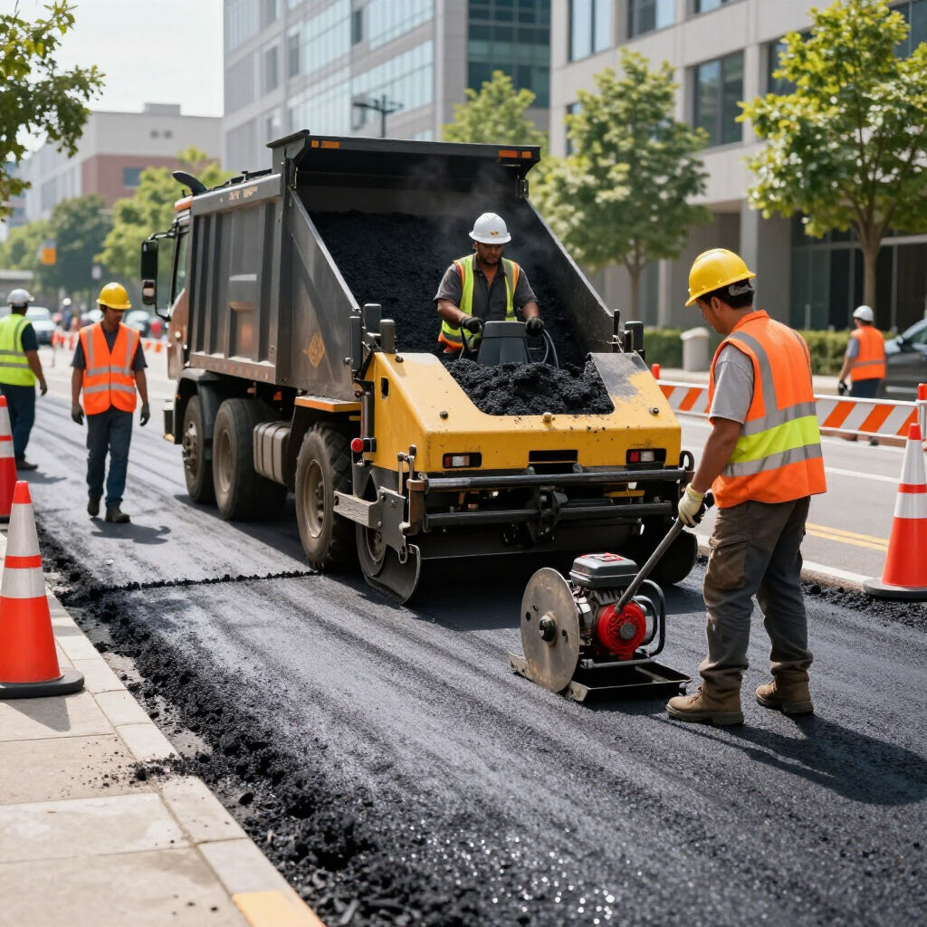 Construction workers in high-visibility vests pave a city street using a dump truck and a walk-behind asphalt saw. Construction workers in high-visibility vests pave a city street using a dump truck and a walk-behind asphalt saw.