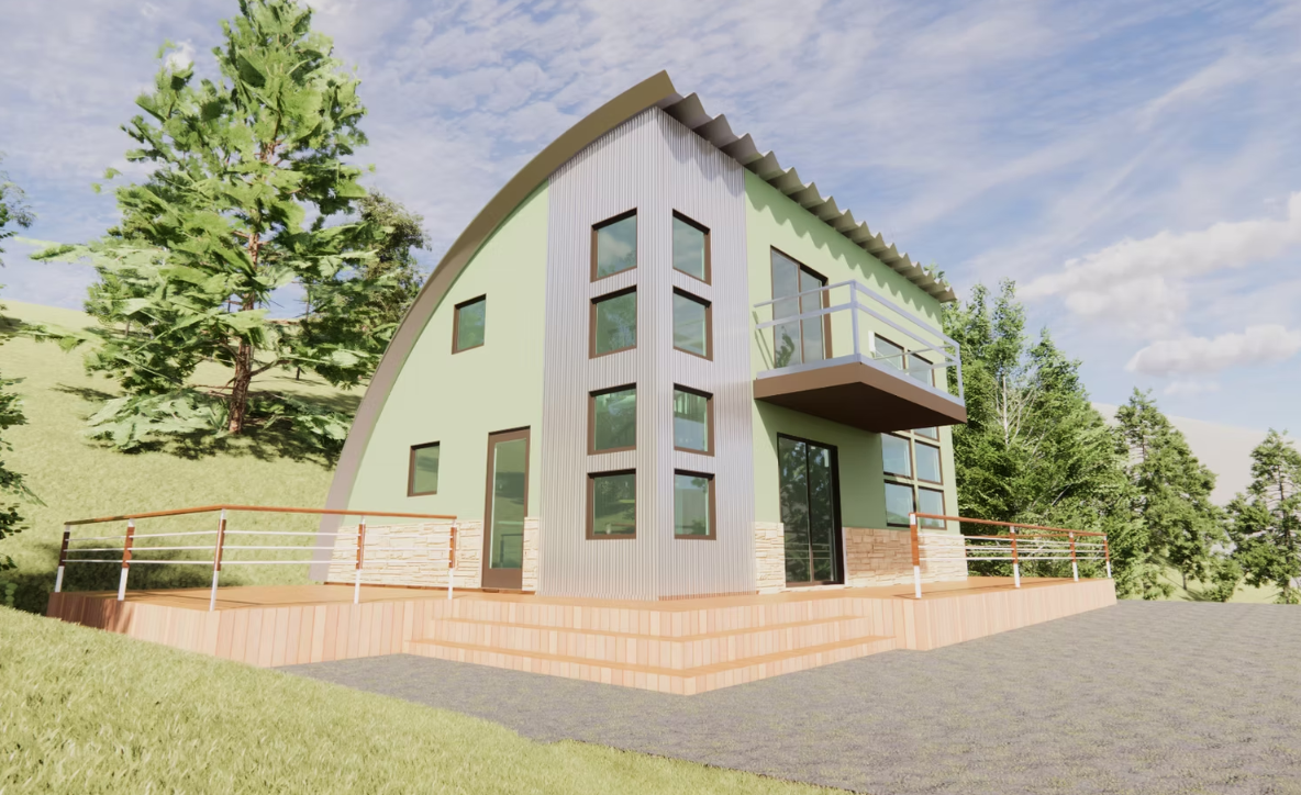 Modern green house with large windows, balcony, and trees in a sunny yard