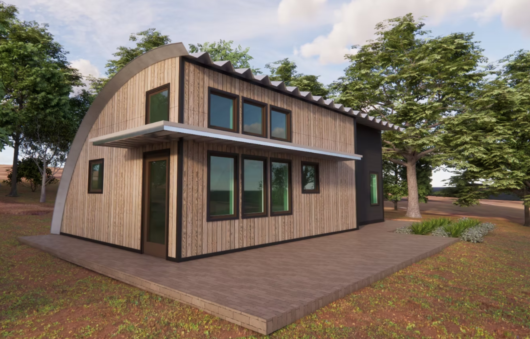 Modern two-story house with wood siding and large windows in a tree-lined setting