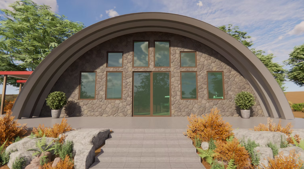 Modern arched house entrance with glass doors, stone facade, and landscaped steps and shrubs