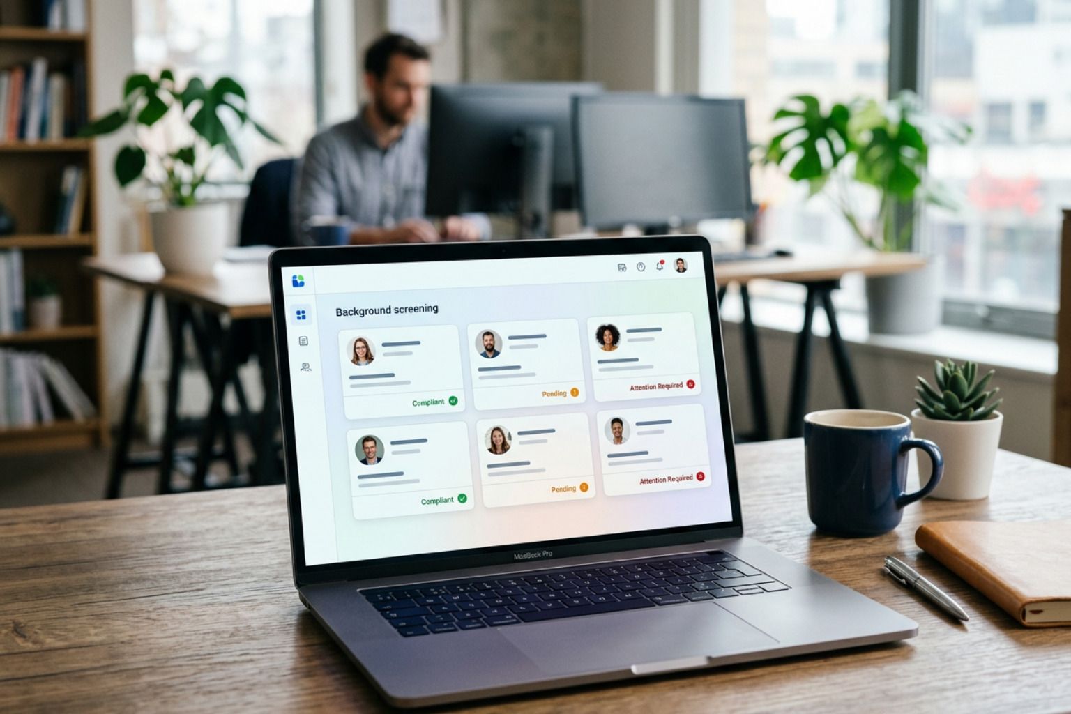Laptop showing a team dashboard on a desk in a bright office with a coffee mug and plants nearby