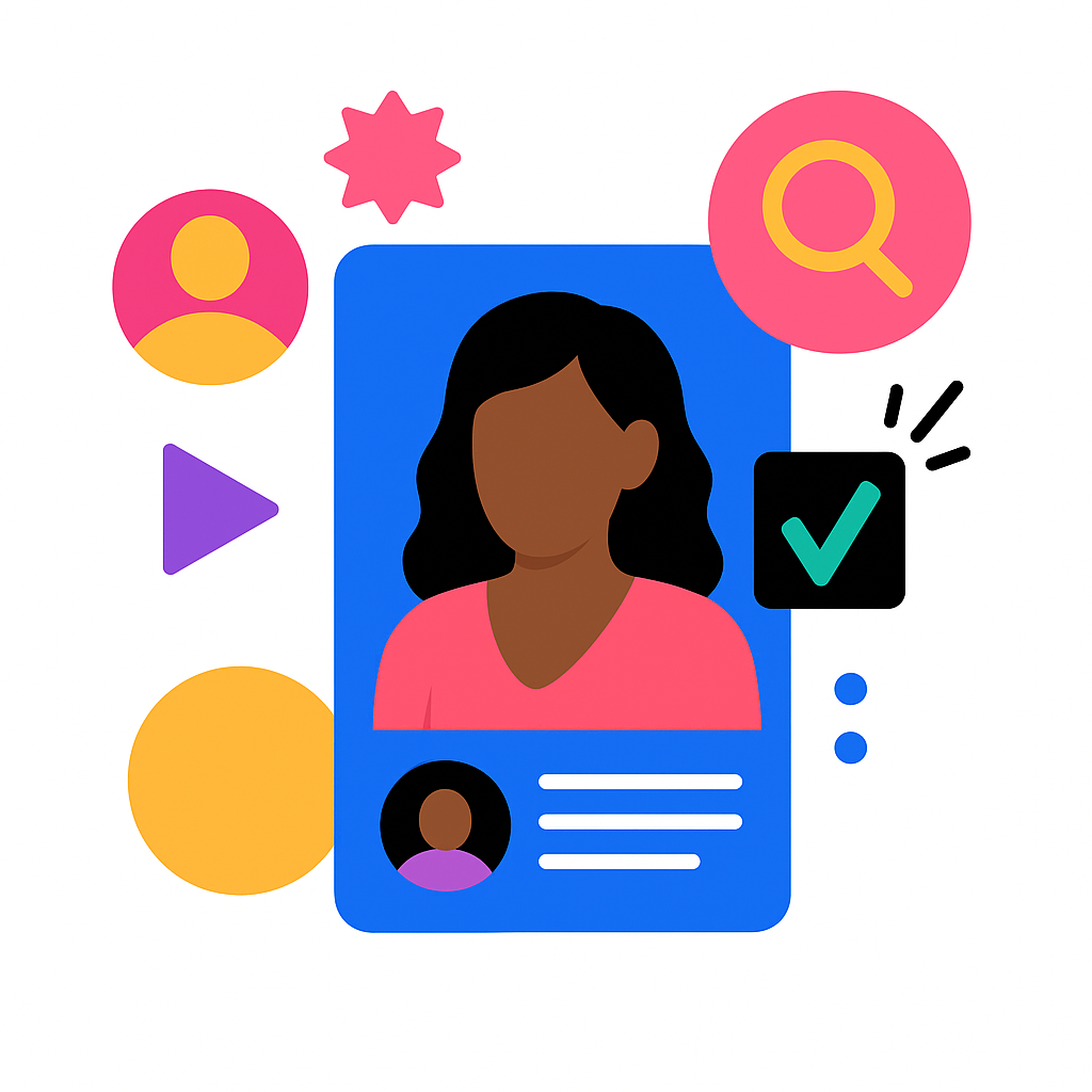 Profile card with a blue avatar, pink accents, search icon, check mark, and media controls
