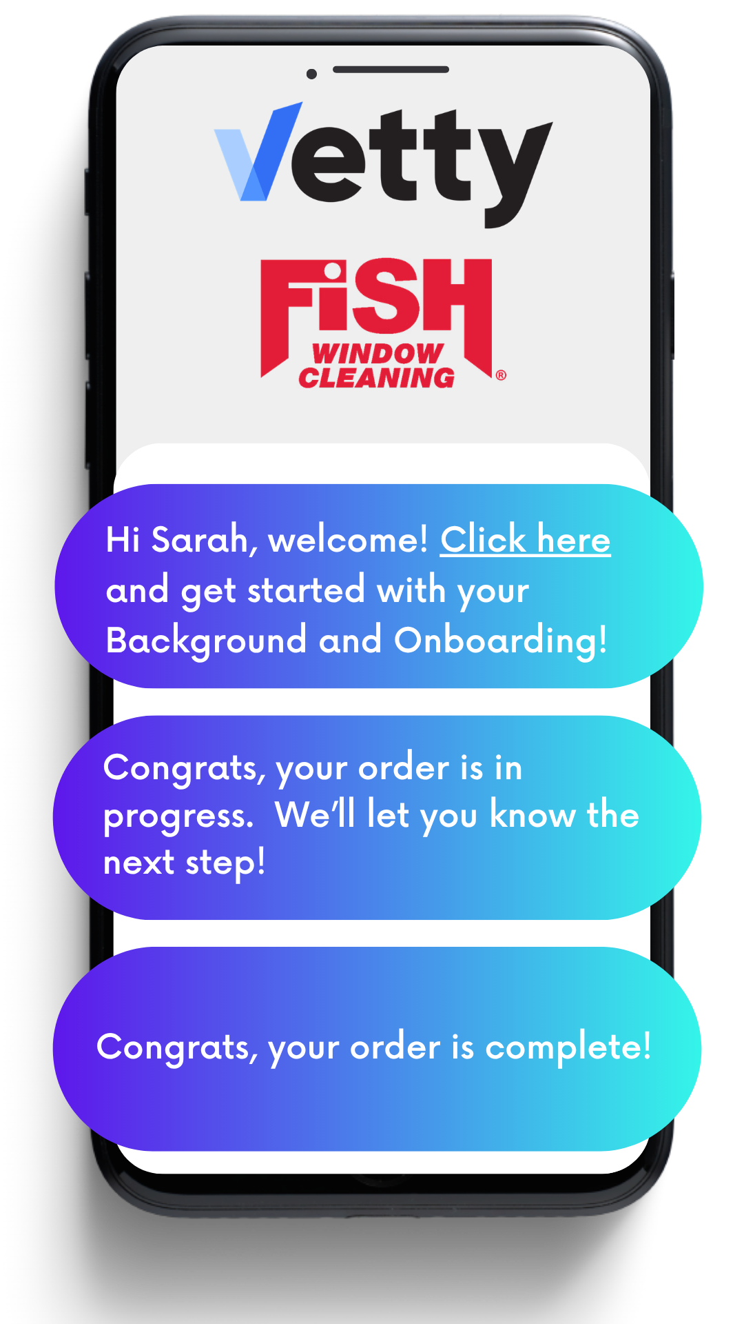 Smartphone screen with Vetty Fish logo and blue-to-purple chat bubbles about onboarding and order updates