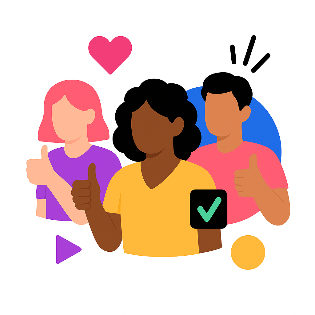Three stylized people smiling and giving thumbs up, with heart and checkmark icons around them.